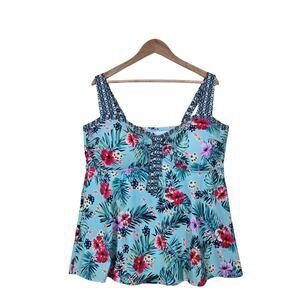 Swimsuits For All Tankini Swim Top sz 26 Aqua Blue Multi Floral Keyhole Neck